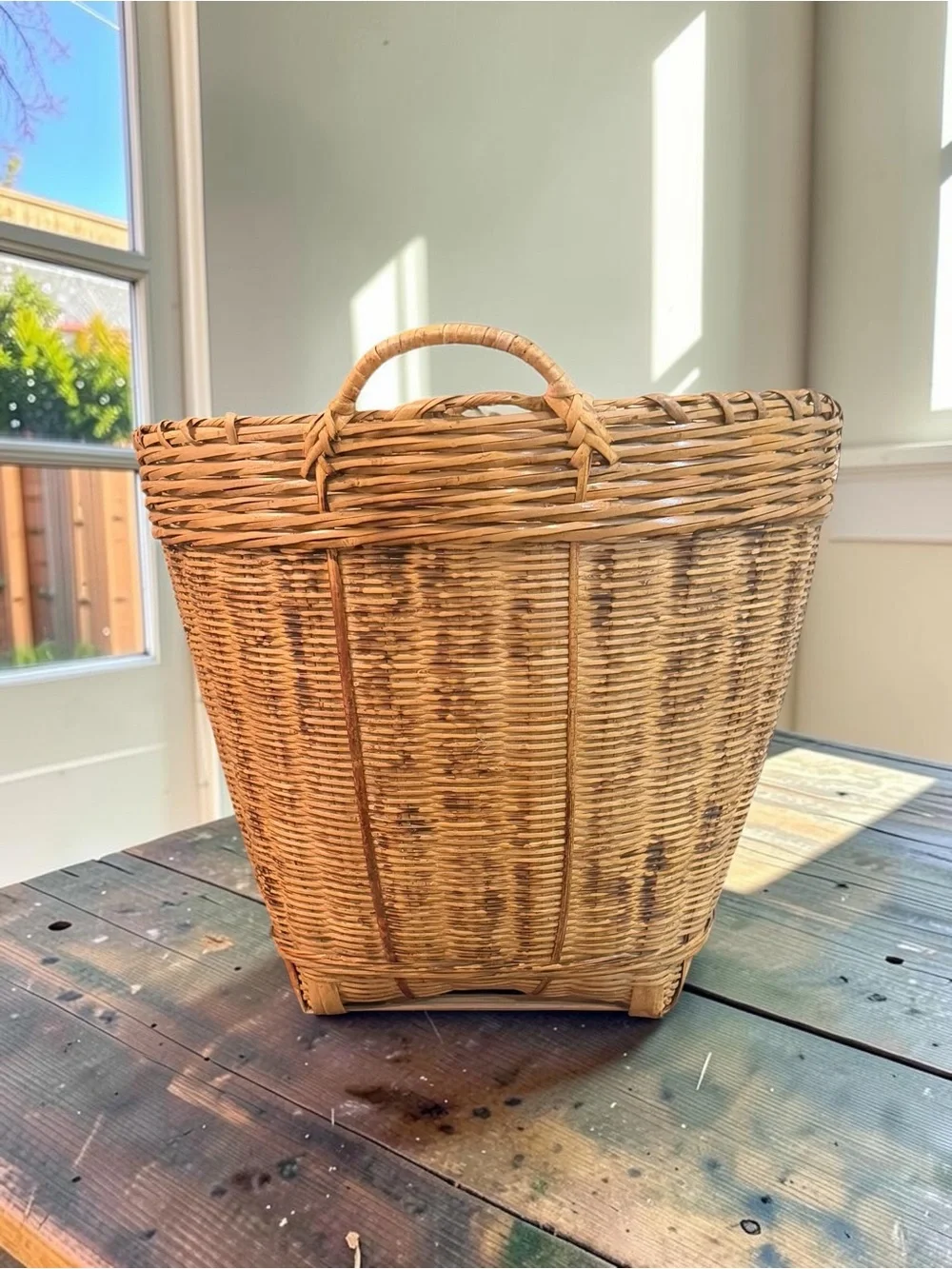 Vintage 1980’s Woven Split Bamboo & Rattan Basket 13” Tall